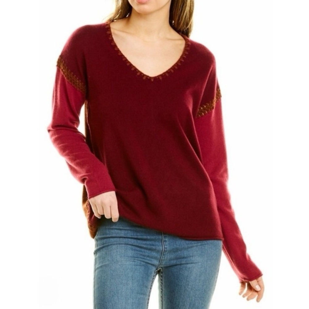 Johnny Was Women's Whipstitch V-Neck Cashmere Sweater Colorblock Medium